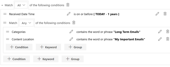 Self-managed email rules for categorizing and disposing