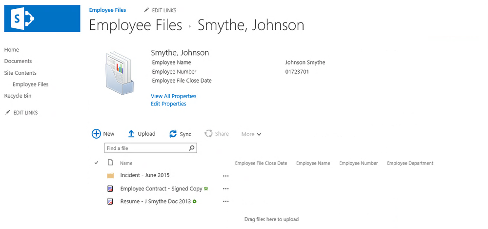 Individual employee file represented as a SharePoint Document Set.