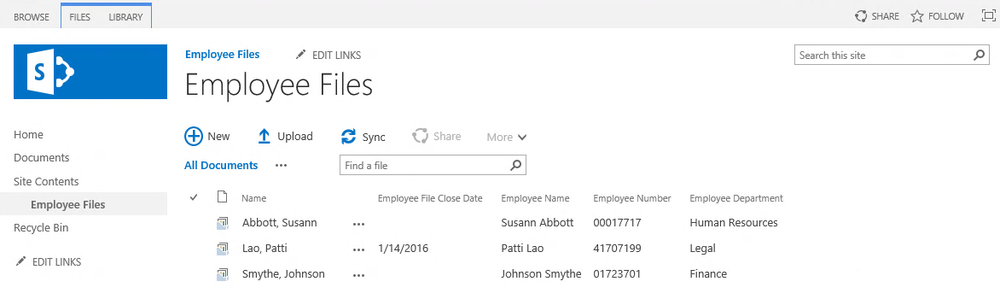 SharePoint Document Sets for employee file case management.